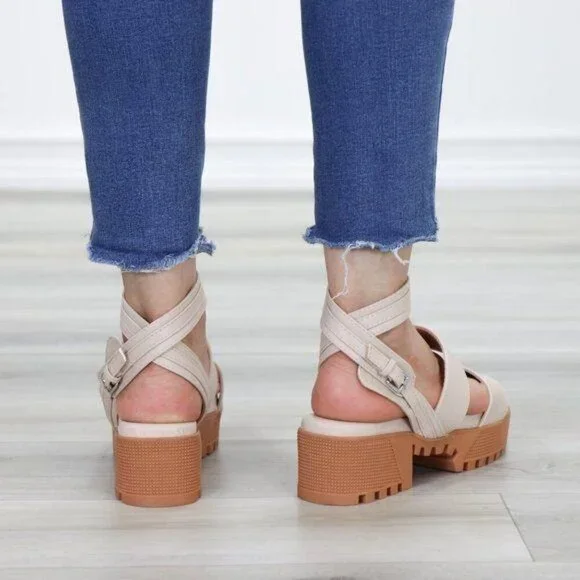 Nude Strappy Chunky Heel Sandal Faux Leather - Picture 5 of 12